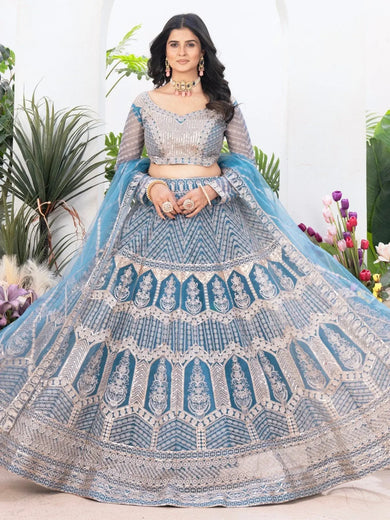 Precious Sky - Blue Sequins Net Engagement Wear Lehenga Choli With Dupatta - Ethnic Plus In